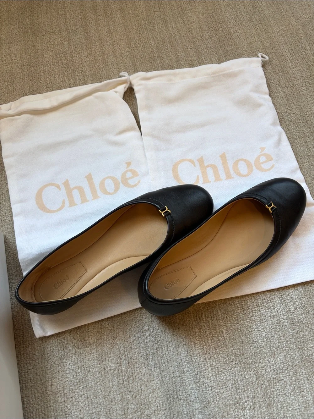 Chloe Black Leather Ballet Flats - Gold Accent